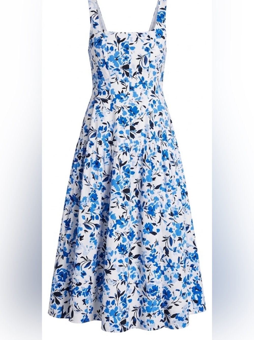 Free Assembly 100% Cotton Floral Midi Dress with Pockets Blue White